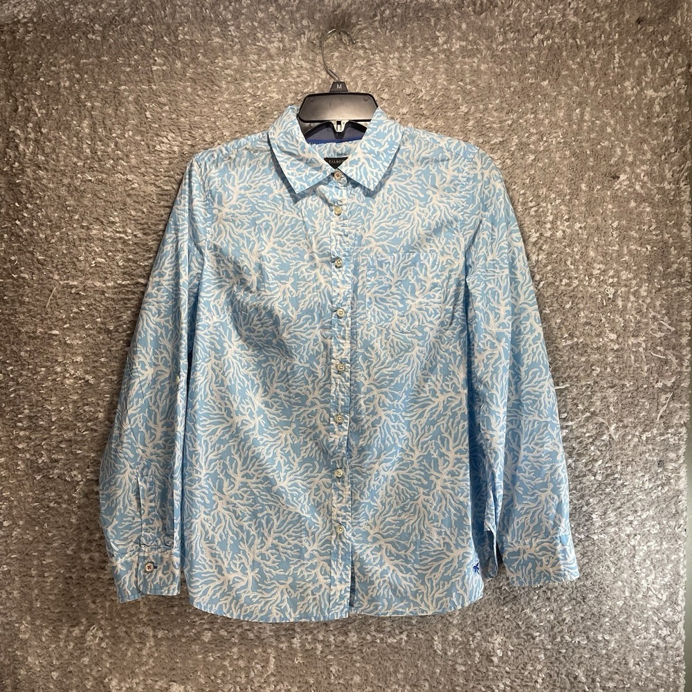 Talbots Coral Print Button Down Shirt White Blue M Roll Tab Preppy Vacation